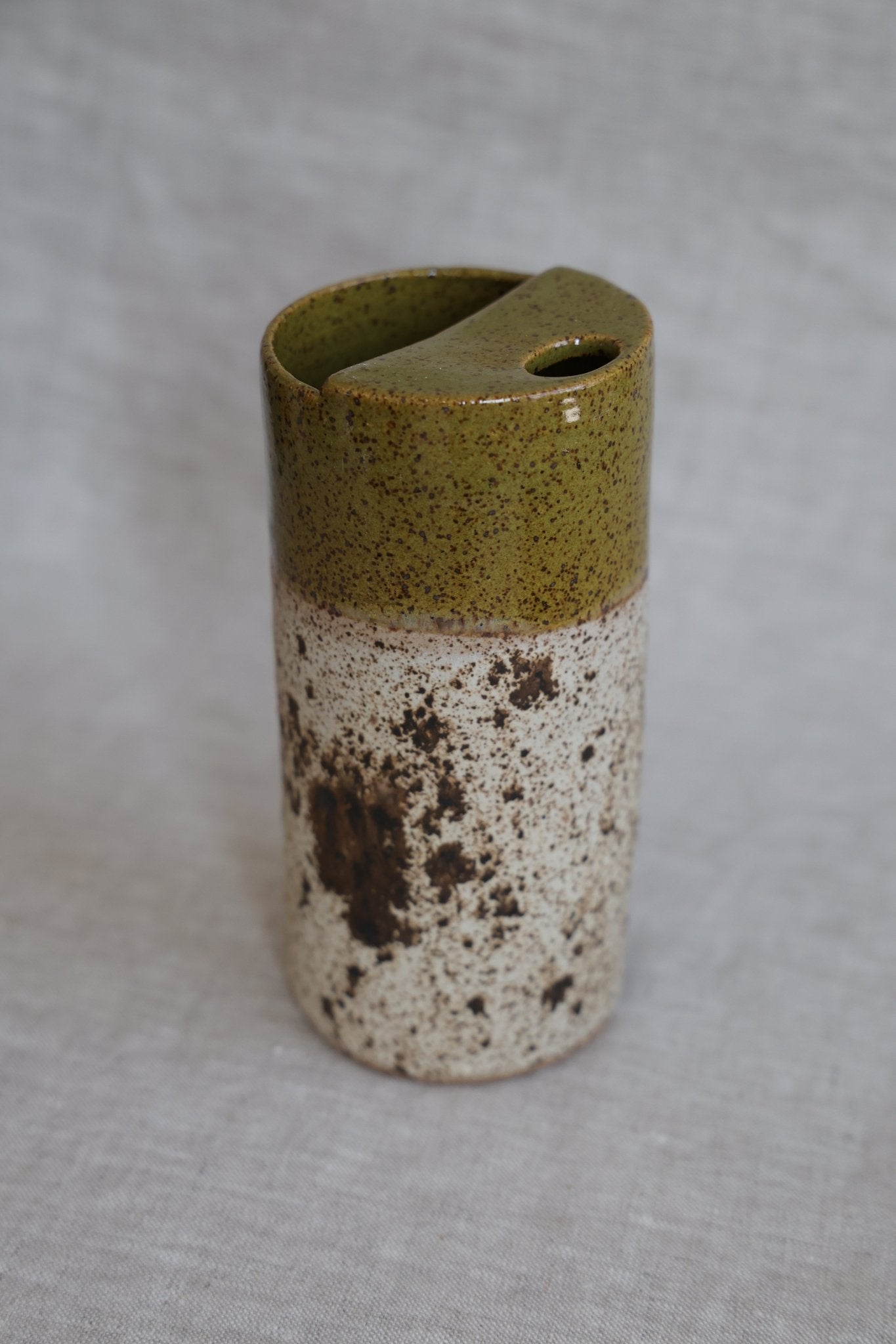 Olive Green and Quail Egg Speckled To Go Cup, Travel Mug, Travel Tumbler, Mustache Saver, Ceramic Stoneware, Hand Thrown in Maine 14-16oz. Pottery Cup - NobAdy's Favorite