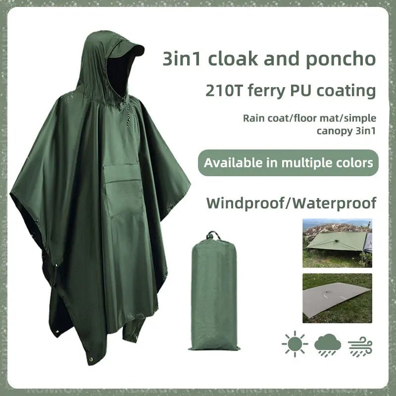 3 In 1 Outdoor Military Raincoat Hooded Sleeve Waterproof Rain Poncho Motorcycle Rain Cover Camping Hiking Travel Rainwear Tent - NobAdy's Favorite