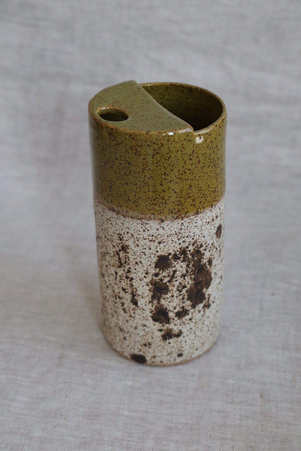 Olive Green and Quail Egg Speckled To Go Cup, Travel Mug, Travel Tumbler, Mustache Saver, Ceramic Stoneware, Hand Thrown in Maine 14-16oz. Pottery Cup - NobAdy's Favorite