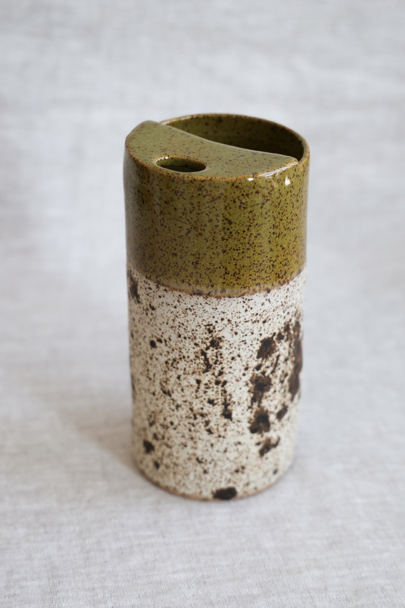 Olive Green and Quail Egg Speckled To Go Cup, Travel Mug, Travel Tumbler, Mustache Saver, Ceramic Stoneware, Hand Thrown in Maine 14-16oz. Pottery Cup - NobAdy's Favorite